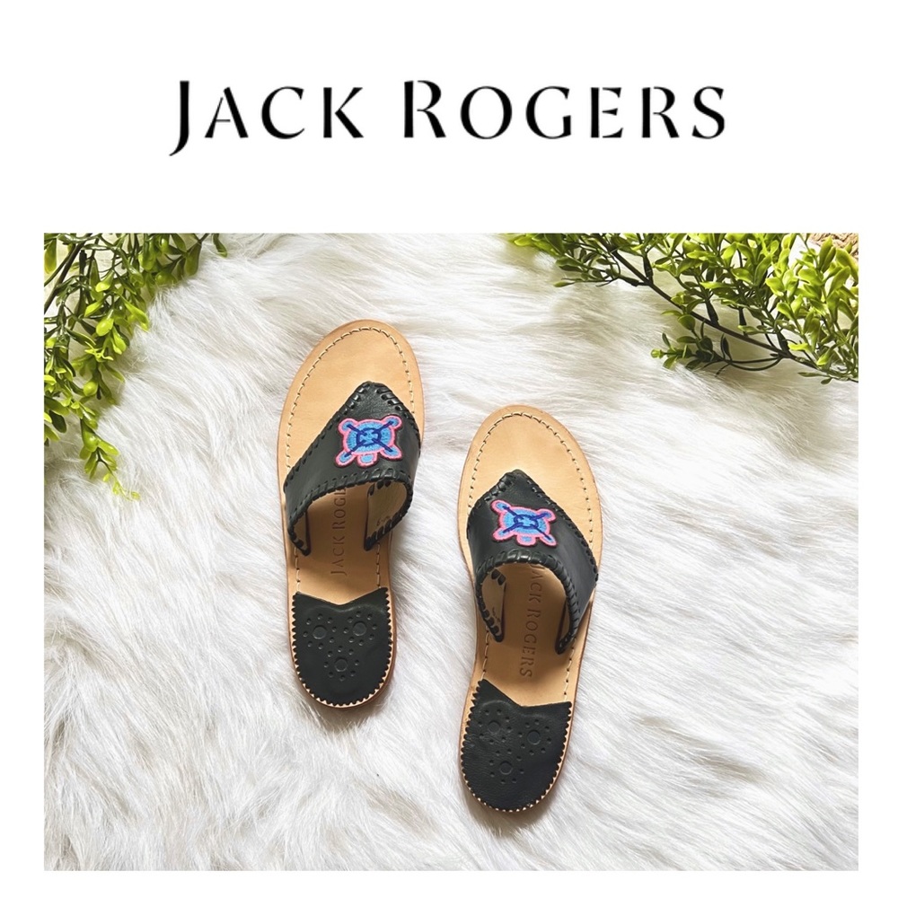Jack Rogers Kennedy Leather Embroidered Icon Sandals Blue Women's Size 6